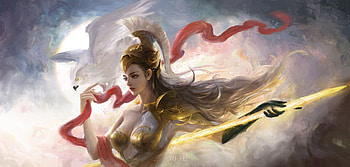Athena, rockyoung, frumusete, bird, gorgeous, girl, owl, goddess, armor, superb, fantasy, red, yellow, bufnita, luminos HD wallpaper