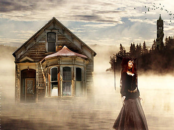 The Haunting, building, fog, lady, house HD wallpaper