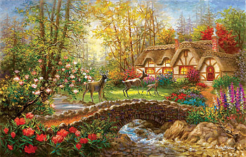 Visiting, river, stones, artwork, painting, deer, trees, bridge, cottage, sun HD wallpaper