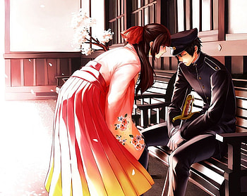 Maiden ♡ Soldier, lover, kimono, yukata, uniform, cute, floral, long hair, petals, flower, couple, , male, female, handsome, blossom, sexy, bench, military, soldier, sword, hot, girl, blade, sad, anime girl, boy, anime, love, brown hair, weapon, katana, guy HD wallpaper