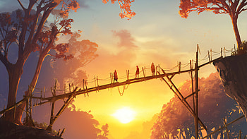 Sunset On The Wooden Bridge People Standing, artist, artwork, digital-art, artstation HD wallpaper