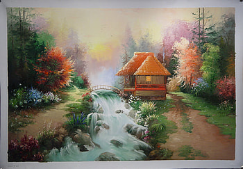 Paradise In Woodland, huts, path, flowering trees, colourfalls, stream HD wallpaper