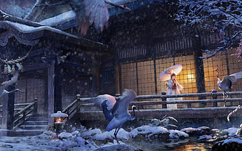Spring messengers, night, blue, winter, umbrella, white, asian, girl, geisha, crane, spring, anime, light, snow, manga, lost elle HD wallpaper