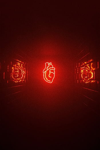 A vivid red neon heart glowing in a dark futuristic space with reflective surfaces. HD phone wallpaper