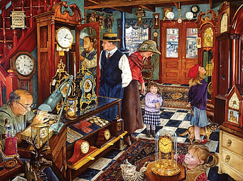 The Clock Shop, shop, painting, art, pictura, funny, susan brabeau, clock, people HD wallpaper