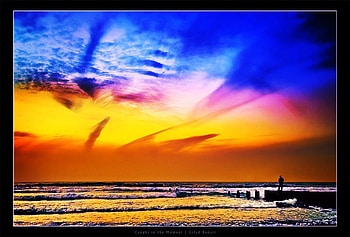Rainbow sky, blue, gold, orange, pink, yellow, red, sky, dock, water HD wallpaper