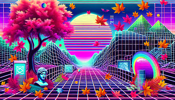 Vibrant Fall Foliage in Retro Digital Landscape -, fall leaves, vaporwave, surrealism, Abstract, retro futurism HD wallpaper