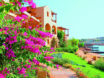 Turkey ~ Sultan Bey Hotel, boat, sea, house, Turkey, grass, beach, sultan bey hotel, pink, flower, green, view, nature HD wallpaper