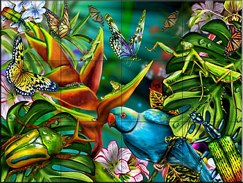 birds and butterflies, flowers, tiles, butterfly, parrots HD wallpaper
