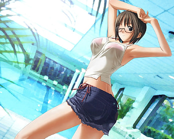 Pool, plant, anime, hot, glasses, girl, water HD wallpaper