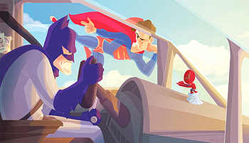 Batman Flying Jet Alongside Superman Spiderman, spiderman, batman, superman, superheroes, artwork, digital-art, behance HD wallpaper