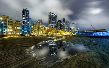Cities, Usa, City, Lights, Reflection, Morning, United States, r, Puddle, Planks, Board, Seattle, Grey Sky, Grey Skies HD wallpaper