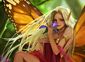 Fairy, wings, iris, art, girl, totorrl, orange, purple, butterfly, fantasy, flower, green HD wallpaper