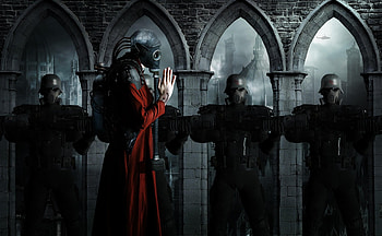 Fantasy, Robots, Arch, Arches, Cyborgs, Guard, Guards, Gas Masks HD wallpaper