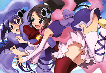the world god only knows, purple hair, haqua du lot herminium, 2 girls, red eyes, blush, black hair, elsee de ruth ima, dress HD wallpaper