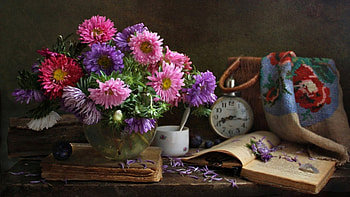 Still life, Clock, Books, Book, Cup, Flowers, Aster HD wallpaper