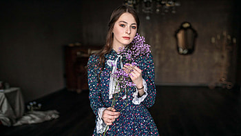 Girl Model With Purple Flowers Is Standing In Dark Background Wearing Blue Design Dress Girls HD wallpaper