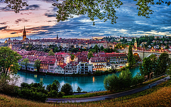 Bern, , swiss cities, Aare river, sunset, skyline cityscapes, Switzerland, Europe, R HD wallpaper