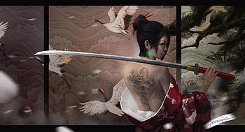 Samurai, tattoo, marunjue, katana, pasari, bird, cranes, sword, girl, fantasy HD wallpaper