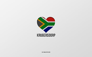 I Love Krugersdorp, South African cities, Day of Krugersdorp, gray background, Krugersdorp, South Africa, South African flag heart, favorite cities, Love Krugersdorp HD wallpaper