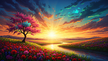 Sunshine Meadow Dawn —, Sunshine, Tree, River, Meadow, Flower HD wallpaper