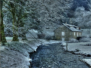 source dArcier, river, france, snow, house HD wallpaper