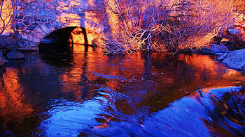 Cool Runnings, tunnel, water, cascade, stream, tree, reflections, sunset HD wallpaper