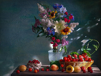 Flowers, bouqet, still life, fruit HD wallpaper