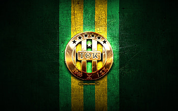 JS Kabylie FC, golden logo, Algerian Ligue Professionnelle 1, green metal background, football, Algerian football club, JS Kabylie logo, soccer, JS Kabylie HD wallpaper