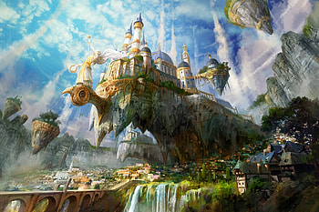 Fantasy, city, art, ast ralf, luminos, angel, castle HD wallpaper