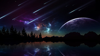 Armageddon, planet, moon, universe, landscape, space, stars, sky, lake, digital HD wallpaper