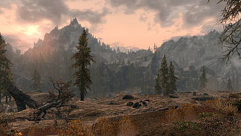 Skyrim: Sunset, river, skyrim, landscape, sunrise, mountain, environment, nature, forest, sunset HD wallpaper