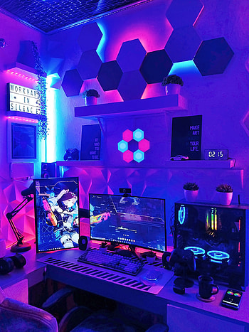 Gaming Setup, magenta, pc, blue, gamingsetup, setupgamer, night, gamer, workstation, desksetup HD phone wallpaper