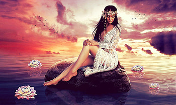 Ocean Princess, lotus flowers, Dreamy, woman, Fantasy, rock, lady, water, lovely, Sky HD wallpaper