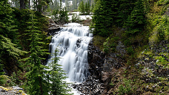 Galena Creek Falls, Mt Baker, washington, river, volcano, cascades, trees, usa HD wallpaper