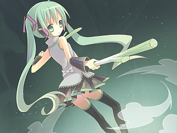 Hatsune Miku, awesome, uniform, spring onion, nice, negi, hatsune, aqua eyes, warrior, bow, white, sword, twintail, girl, headset, aqua, anime, pretty, smoke, virtual, katana, heads, leek, cute, vocaloid, beauty, miku, vocaloids, thighhighs, program, skirt, beautiful, diva, aqua hair, cool, idol, micro HD wallpaper