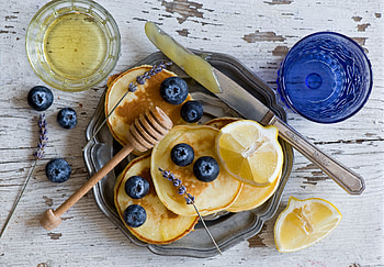 Food, Bilberries, Lemon, Fritter, Honey, Pancake HD wallpaper