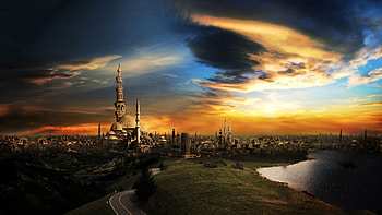 Preview islam, mosque, city, sunset HD wallpaper