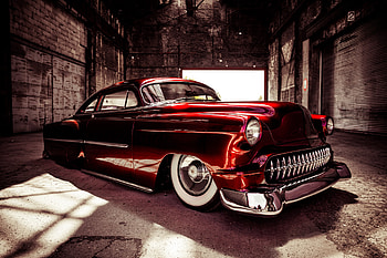 The Kandy Devil, chevy, red, car, customised, graph, vintage HD wallpaper