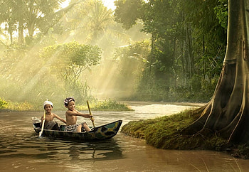 Little Adventurer, sunshine, boat, budi, adventurer, trees, lake, little, boys HD wallpaper
