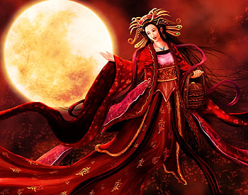 Lady of the Moon, lady, lond red dress, moon, necklace, beautiful, lovely HD wallpaper