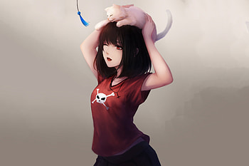 Kitten and anime girl, fun, original HD wallpaper