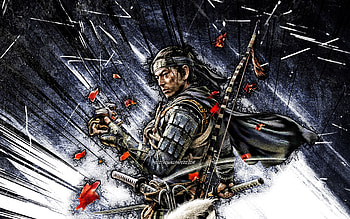 Jin Sakai, grunge art, protagonist, Ghost Of Tsushima, action-adventure, blue abstract rays, Daisuke Tsuji, Kazuya Nakai, Jin Sakai Ghost Of Tsushima HD wallpaper