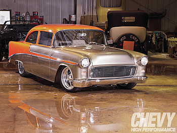 55 Chevy, classic, gm, silver, bowtie, orange HD wallpaper