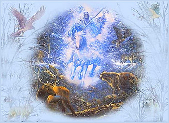 Spirits of the forest, native, horse, eagle, bear, deer, clouds, forest HD wallpaper