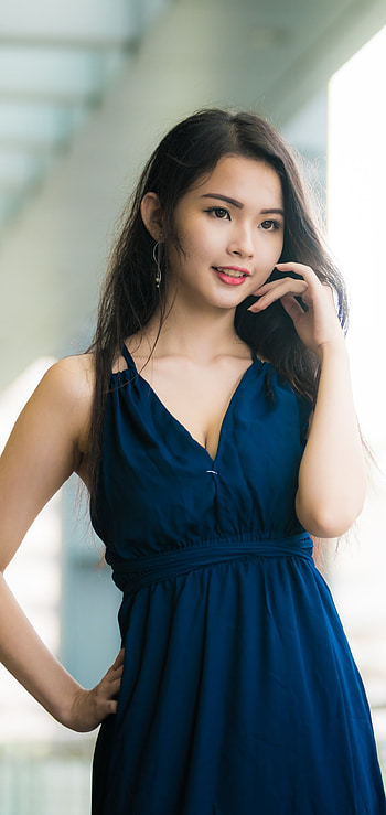 model, black hair, blue dress, lipstick, depth of field, woman, asian HD phone wallpaper