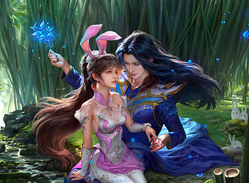 Fantasy couple, frumusete, man, gorgeous, girl, lovers, jiayuan song, superb, bunny, fantasy, couple, ears, luminos HD wallpaper