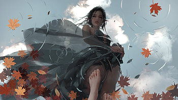 Reflection, art, fantasy, autumn, leaf, girl, toamna, view from down, wlop, water HD wallpaper