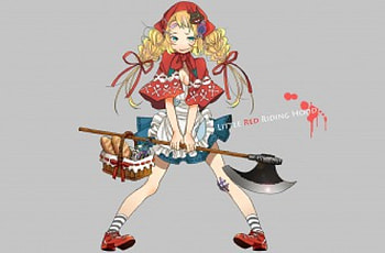 One Bad Little Red Riding Hood, basket, blonde, anime, fairy tale, girl, dress, little red riding hood, axe HD wallpaper