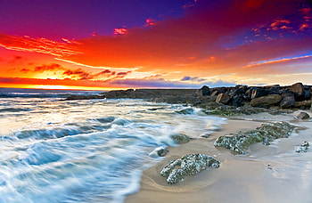 Milky flow, sea, sky, rocks, wave, sunset, beach HD wallpaper